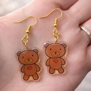 Adorable Brown Bear Earrings Cute Animal Heart Dangle Drop Earrings